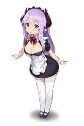 Rule 34 | 1girl, apron, arms at sides, bow, bowtie, breasts, cleavage, demon girl, demon horns, demon maid (houtengeki), detached collar, frills, full body, gradient background, hair ribbon, highres, holding, holding tray, horns, houtengeki, jpeg artifacts, lace, lace-trimmed skirt, lace trim, large breasts, legs together, long hair, maid, maid headdress, mary janes, monster girl, original, pointy ears, purple eyes, purple hair, red bow, red bowtie, ribbon, shoes, sidelocks, simple background, skirt, smile, solo, standing, thighhighs, tray, twintails, underbust, very long hair, waist apron, white background, white thighhighs, wrist cuffs