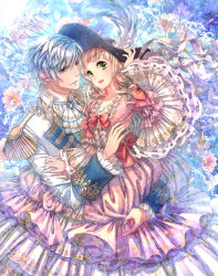 Rule 34 | 1boy, 1girl, adjusting clothes, adjusting headwear, blonde hair, blue eyes, bow, dress, epaulettes, flower, frilled cuffs, frilled dress, frills, green eyes, hat, hat feather, lilith las foglia, long hair, looking at viewer, official art, open mouth, otome no kishidou, pink dress, red bow, rendolph davis vant, sakamoto akira, short hair, silver hair, uniform