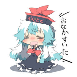 Rule 34 | 1girl, = =, blue hair, blush, bow, drooling, expressive clothes, closed eyes, female focus, hat, kamishirasawa keine, long hair, lowres, multicolored hair, open mouth, rebecca (keinelove), saliva, touhou, two-tone hair