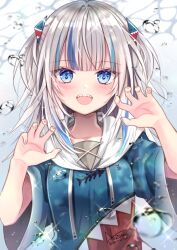 Rule 34 | 1girl, :d, air bubble, animal costume, arms up, blue eyes, blue hair, blue hoodie, blunt bangs, bubble, collarbone, gawr gura, gawr gura (1st costume), grey hair, hair ornament, highres, hololive, hololive english, hood, hoodie, light blush, looking at viewer, medium hair, multicolored hair, nozomi fuuten, open mouth, shark costume, shark girl, sharp teeth, simple background, smile, solo, streaked hair, teeth, underwater, upper body, upper teeth only, virtual youtuber, water