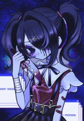 Rule 34 | 1girl, aegyo sal, ame-chan (needy girl overdose), aoi bansoko, bandaged wrist, bandages, bandaid, bandaid on arm, black eyes, black hair, black ribbon, black skirt, blood, blood on face, blue background, closed mouth, collared shirt, commentary request, cowboy shot, empty eyes, hair ornament, hair over one eye, hand up, highres, holding, holding knife, knife, long hair, looking at viewer, neck ribbon, needy girl overdose, red shirt, ribbon, shirt, skirt, solo, suspender skirt, suspenders, twintails, window (computing), x hair ornament
