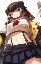Rule 34 | 1girl, absurdres, animal ears, arknights, bardiche (weapon), bear ears, belt, black belt, black hair, blue skirt, breasts, commentary request, cowboy shot, crop top, highres, leto (arknights), medium breasts, midriff, miniskirt, navel, nopetroto, pleated skirt, polearm, red eyes, red scarf, scarf, shirt, short hair, skirt, solo, standing, stomach, thighs, underboob, white shirt
