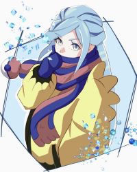Rule 34 | 1boy, blue eyes, blue hair, blue mittens, border, coat, commentary request, creatures (company), eyelashes, game freak, grusha (pokemon), hand up, haruto irasuto, highres, long sleeves, male focus, mittens, multicolored clothes, multicolored scarf, nintendo, poke ball print, pokemon, pokemon sv, scarf, scarf over mouth, solo, upper body, white border, yellow coat