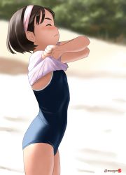 Rule 34 | 1girl, artist logo, beach, black hair, blue one-piece swimsuit, blurry, breasts, clip studio paint (medium), closed eyes, clothes lift, commentary request, competition school swimsuit, cowboy shot, day, depth of field, hairband, highres, lifted by self, mu-pyon, one-piece swimsuit, original, outdoors, pink hairband, school swimsuit, shirt, shirt lift, short hair, small breasts, solo, swimsuit, t-shirt, twitter username, undressing