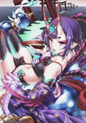 Rule 34 | 1girl, bare shoulders, black thighhighs, chinese clothes, dudou, fate/grand order, fate (series), headpiece, highres, horns, kneeling, navel, oni, pointy ears, purple eyes, purple hair, short hair, shuten douji (fate), shuten douji (fate/grand order), shuten douji (halloween caster) (fate), skin-covered horns, solo, thighhighs, tongue, tongue out