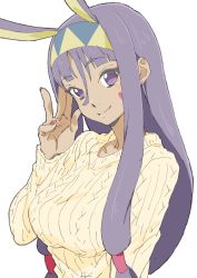 Rule 34 | 1girl, absurdres, animal ears, bad id, bad twitter id, breasts, dark-skinned female, dark skin, donguri suzume, earrings, facial mark, fate/grand order, fate (series), hairband, highres, jewelry, long hair, looking at viewer, nail polish, nitocris (fate), purple eyes, purple hair, rabbit ears, simple background, solo, sweater, white background