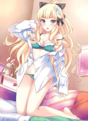 Rule 34 | 1girl, bare shoulders, barefoot, bed, black bow, blonde hair, blue eyes, blue flower, blush, bow, bow bra, bow panties, bra, breasts, cleavage, collarbone, commentary request, dress shirt, flower, gatchapowa, green bra, green panties, hair bow, hair flower, hair ornament, high ponytail, kneeling, long hair, long sleeves, looking at viewer, medium breasts, off shoulder, on bed, open clothes, open mouth, open shirt, panties, pillow, pinching sleeves, ponytail, princess connect!, saren (princess connect!), saren (summer) (princess connect!), shirt, sleeves past wrists, solo, strap slip, stuffed animal, stuffed rabbit, stuffed toy, teddy bear, underwear, very long hair, white shirt