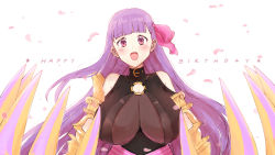Rule 34 | 1girl, blunt bangs, blush, bow, breasts, cleavage, commentary, english commentary, fate (series), hair behind ear, hair bow, happy birthday, highres, huge breasts, looking at viewer, mechanical arms, open hands, open mouth, passionlip (fate), petals, pink bow, solo, yuikannon