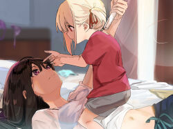 Rule 34 | 2girls, aged down, black hair, blonde hair, blurry, blurry background, bra, breasts, closed mouth, commentary request, eye contact, finger gun, from side, funi mu9, grey shorts, groin, hair between eyes, hair ribbon, holding ruler, indoors, inoue takina, long hair, looking at another, lycoris recoil, lying, midriff, multiple girls, navel, nishikigi chisato, on back, on bed, one side up, partial commentary, purple bra, purple eyes, red eyes, red ribbon, red shirt, ribbon, shirt, short hair, short sleeves, shorts, sidelocks, small breasts, underwear, white shirt