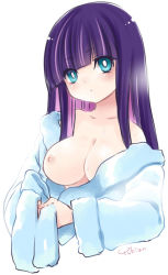 Rule 34 | 10s, 1girl, blue eyes, breast slip, breasts, colored inner hair, head tilt, large breasts, long hair, multicolored hair, nipples, one breast out, panty &amp; stocking with garterbelt, purple hair, robe, solo, stocking (psg), two-tone hair, upper body, yukian