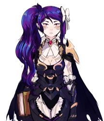 Rule 34 | 1girl, alternate costume, alternate hair color, alternate hairstyle, armor, black armor, book, breasts, cape, cleavage, corrin (female) (fire emblem), corrin (fire emblem), fire emblem, fire emblem fates, highres, nintendo, purple hair, red eyes, side ponytail, solo, tattoo, thighs, torn cape, torn clothes, verifying