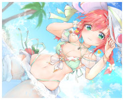Rule 34 | 1girl, beach, bikini, blue sky, blush, breasts, character request, cleavage, cloud, collarbone, criss-cross halter, day, earrings, floral print, flower, front-tie bikini top, front-tie top, glint, gluteal fold, green eyes, hair flower, hair ornament, halterneck, hands up, hat, heart, heart earrings, highres, jewelry, looking at viewer, medium breasts, navel, ocean, petals, pink hair, retang 8, shironeko project, sky, smile, solo, sun hat, swimsuit, thigh strap, tree, wading, water, wristband, x hair ornament