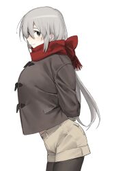 Rule 34 | 1girl, arms behind back, black leggings, blush, borrowed character, female focus, from side, grey hair, grey jacket, grey shorts, hair between eyes, highres, jacket, leggings, leggings under shorts, long hair, original, pantyhose, profile, red scarf, scarf, short shorts, shorts, sideways glance, simple background, smile, solo, white background, xxxsoiu1