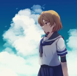 1girl blue_neckerchief blue_sailor_collar blue_skirt blue_sky brown_eyes brown_hair cloud elbow_pads highres kantai_collection missou_shiro neckerchief oboro_(kancolle) oboro_kai_(kancolle) pleated_skirt sailor_collar sailor_shirt school_uniform serafuku shirt short_hair skirt sky solo sweat sweatdrop upper_body white_shirt