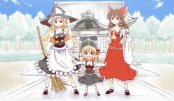 Rule 34 | 3girls, adjusting clothes, adjusting headwear, ascot, blonde hair, bow, braid, brown hair, detached sleeves, fang, grin, hair bow, hair ribbon, hair tubes, hakurei reimu, hands on own hips, hat, highres, kirisame marisa, long hair, looking at viewer, majrise, multiple girls, open mouth, outstretched arms, parody, red eyes, ribbon, rumia, sarashi, short hair, skirt, smile, style parody, touhou, witch hat