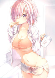 Rule 34 | 1girl, breasts, cleavage, cup, fate (series), fou (fate), groin, large breasts, mash kyrielight, mug, navel, no bra, pink eyes, pink hair, short hair, short shorts, shorts, solo, sune (mugendai), thighs, toothbrush, underboob