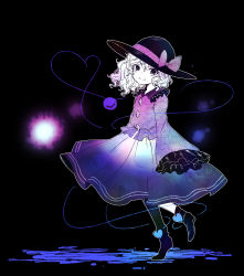 Rule 34 | 1girl, asymmetrical footwear, asymmetrical legwear, black background, blouse, blush, boots, bow, buttons, closed mouth, commentary, diamond button, floral print, frilled shirt collar, frilled sleeves, frills, full body, hair between eyes, hat, hat bow, heart, heart of string, highres, iiwake, komeiji koishi, limited palette, long sleeves, looking at viewer, medium hair, rose print, shirt, simple background, single boot, single thighhigh, skirt, sleeves past fingers, sleeves past wrists, smile, solo, standing, standing on one leg, thighhighs, third eye, touhou, wavy hair, wide sleeves