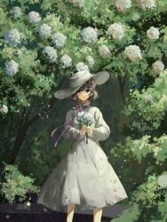 Rule 34 | 1girl, brown hair, day, dress, feet out of frame, flower, ge dazuo, green eyes, hat, highres, holding, holding flower, long sleeves, looking at viewer, neck ribbon, original, outdoors, pink ribbon, ribbon, short hair, solo, standing, sun hat, tree, white dress, white flower, white hat