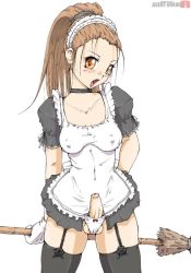 Rule 34 | 1futa, agent orange, blush, breasts, broom, brown hair, censored, covered erect nipples, foreskin, futanari, long hair, looking at viewer, maid, medium breasts, mosaic censoring, open mouth, orange eyes, penis, simple background, solo, white background