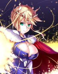 Rule 34 | 1girl, ahoge, artoria pendragon (fate), artoria pendragon (lancer) (fate), bad id, bad pixiv id, blonde hair, braid, breasts, cape, cleavage, cleavage cutout, closed mouth, clothing cutout, crown, fate/grand order, fate (series), french braid, fur trim, green eyes, hair between eyes, large breasts, looking at viewer, shinkami hiroki, sidelocks, solo, upper body