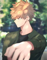 Rule 34 | 1boy, bakugou katsuki, black shirt, blonde hair, blurry, blurry background, blurry foreground, blush, boku no hero academia, closed mouth, depth of field, foreshortening, green jacket, highres, jacket, looking to the side, male focus, miyanami 3, outstretched arm, shirt, short hair, solo, spiked hair