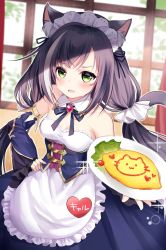 Rule 34 | 1girl, absurdres, alternate costume, animal ear fluff, animal ears, apron, black hair, blush, breasts, cat ears, cat tail, detached sleeves, dress, enmaided, fang, food, hand on own hip, highres, holding, holding plate, karyl (princess connect!), long hair, low twintails, maid, maid headdress, medium breasts, motohara moka, multicolored hair, omelet, omurice, open mouth, plate, princess connect!, skin fang, solo, streaked hair, sweat, tail, twintails, waist apron, white apron, white hair