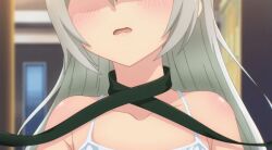 Rule 34 | 1girl, animated, animated gif, asphyxiation, blush, camisole, collarbone, futoku no guild, leash, long hair, maidena angers, open mouth, screencap, white camisole, white hair