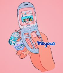 Rule 34 | artist name, bad id, bad twitter id, can, cellphone, cloud, crescent, flip phone, flower, heart, holding, liquid, meyoco, nail polish, no humans, original, petals, phone, pink background, pink flower, pink nails, simple background, sparkle, wave print, white flower