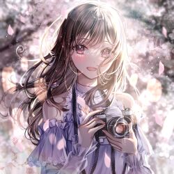 Rule 34 | 1girl, blurry, blurry background, bokeh, brown hair, camera, cherry blossoms, clothing cutout, commentary, depth of field, dress, falling petals, frilled dress, frills, hands up, highres, holding, holding camera, light particles, long hair, long sleeves, looking at viewer, open mouth, original, parted bangs, petals, pink petals, purple dress, red eyes, sakura (39ra), see-through, see-through sleeves, self-upload, shoulder cutout, smile, solo, sparkle, symbol-only commentary, upper body