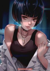Rule 34 | 1girl, black choker, black hair, black shirt, breasts, brown eyes, choker, coat, highres, indoors, jewelry, lab coat, looking at viewer, magion02, medium breasts, necklace, off shoulder, open clothes, open coat, patreon username, persona, persona 5, shirt, short hair, sleeveless, solo, takemi tae, upper body, watermark, web address, white coat
