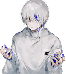 Rule 34 | 1boy, absurdres, clenched teeth, ear piercing, grey eyes, hands up, highres, looking to the side, male focus, original, panicking, piercing, shirt, simple background, suechimu, teeth, upper body, white background, white hair, white shirt