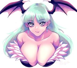 Rule 34 | 1girl, bare shoulders, breasts, cleavage, collarbone, earrings, green hair, head wings, heart, heart-shaped pupils, highres, jewelry, large breasts, long hair, looking at viewer, morrigan aensland, simple background, skm nnm, smile, solo, symbol-shaped pupils, vampire (game), white background, wings