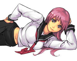 Rule 34 | 1girl, arm support, asamiya athena, bad id, bad pixiv id, breasts, hand on own head, hand on own hip, hip focus, large breasts, long hair, lying, midriff, navel, necktie, on side, pink hair, purple hair, school uniform, serafuku, simple background, skirt, smile, snk, solo, the king of fighters, yellow eyes, yuuji (and)