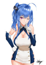 Rule 34 | 1girl, ahoge, arm warmers, azur lane, bare shoulders, blue hair, blue ribbon, breasts, chaciooh, cleavage, cowboy shot, criss-cross halter, dress, finger to mouth, gloves, hair ornament, halterneck, hand on own hip, highres, index finger raised, large breasts, looking at viewer, medium hair, neck ribbon, one eye closed, purple eyes, ribbon, short dress, shushing, side ponytail, signature, simple background, smile, solo, st. louis (azur lane), thighs, white background, white gloves