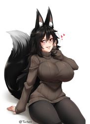 Rule 34 | 1girl, animal ear fluff, animal ears, artist name, black hair, black pants, breasts, brown eyes, commentary, english commentary, fox ears, fox tail, hair between eyes, hand on own cheek, hand on own face, heart, huge breasts, impossible clothes, impossible sweater, long hair, long sleeves, looking at viewer, original, pants, parted lips, ribbed sweater, simple background, sitting, sleeves past wrists, smile, solo, sweater, tail, turtleneck, turtleneck sweater, twitter username, twrlare, white background