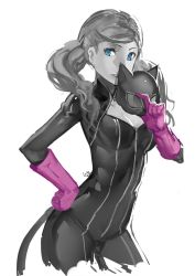 Rule 34 | 10s, 1girl, blue eyes, bodysuit, breasts, club3, gloves, highres, long hair, looking at viewer, mask, unworn mask, monochrome, persona, persona 5, simple background, smile, solo, spot color, takamaki anne, twintails, white background