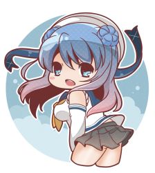 Rule 34 | 10s, 1girl, bare shoulders, beret, bloom2425, blue eyes, blue hair, breasts, commentary request, cropped legs, double bun, elbow gloves, gloves, hair bun, hat, kantai collection, looking at viewer, looking back, looking to the side, matching hair/eyes, miniskirt, neckerchief, open mouth, pleated skirt, school uniform, serafuku, skirt, sleeves rolled up, solo, urakaze (kancolle), white gloves, white hat, yellow neckerchief