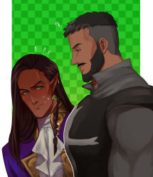 Rule 34 | 2boys, absurdres, aroused, ascot, bara, beard, black hair, blush, braid, brown hair, buzz cut, castlevania: nocturne, castlevania (series), couple, dark-skinned male, dark skin, facial hair, from side, girl staring at guy&#039;s chest (meme), green eyes, highres, large pectorals, leaning forward, long hair, loo, looking at another, looking at pectorals, male focus, mature male, meme, mizrak (castlevania), multiple boys, muscular, muscular male, mustache, nervous sweating, olrox, pectorals, pkbth, pointy ears, priest, short hair, sweat, thick eyebrows, thick mustache, upper body, very short hair, yaoi