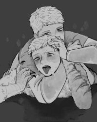 Rule 34 | 2boys, animal hands, arm around neck, asphyxiation, chimera, choke hold, claws, commentary request, drooling, dual persona, dungeon meshi, grey background, greyscale, hands up, highres, laios touden, laios touden (chimera), looking at another, lying, male focus, mismatched pupils, monochrome, monster boy, multiple boys, on stomach, open mouth, short hair, simple background, slit pupils, strangling, sub subac, sweat, teardrop, tongue, tongue out, upper body, very short hair, yaoi