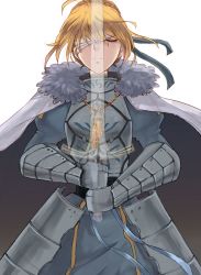 Rule 34 | 1girl, ahoge, armor, armored dress, artoria pendragon (fate), bandage over one eye, blonde hair, caliburn (fate), cape, dress, excalibur (fate/stay night), closed eyes, fate/stay night, fate (series), gauntlets, saber (fate), solo, sword, tassel, translucent, transparent, weapon, zff199012