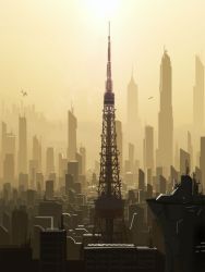 Rule 34 | aircraft, building, city, cityscape, midorimushi-kai, monochrome, no humans, original, scenery, science fiction, sepia, sky, skyscraper, sun, tokyo tower, tower