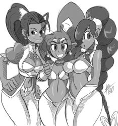 Rule 34 | 1990s (style), 3girls, antenna hair, arabian clothes, bad id, bad tumblr id, baggy pants, bigdead, braid, breasts, capcom, choker, cleavage, crossover, dark-skinned female, dark skin, earrings, forehead jewel, greyscale, grin, hair over one eye, hands on own hips, harem pants, height difference, highres, jewelry, long hair, midriff, monochrome, multiple crossover, multiple girls, navel, pants, pointy ears, ponytail, power stone, pullum purna, retro artstyle, rouge (power stone), shantae, shantae (series), single braid, smile, street fighter, street fighter ex (series), tiara, trait connection, vambraces, very dark skin, very long hair, vest, wayforward