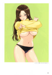 Rule 34 | bottomless, breasts, brown hair, clothes lift, happoubi jin, highres, large breasts, long hair, midriff, no pants, panties, scan, shirt lift, solo, sweat, sweater, sweet body, turtleneck, underboob, underwear, undressing
