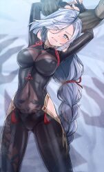 Rule 34 | 1girl, arms up, black bodysuit, black gloves, blue eyes, blush, bodysuit, braid, braided ponytail, breasts, clenched teeth, clothing cutout, covered navel, elbow gloves, genshin impact, gloves, hair ornament, hair over one eye, highres, hilichurl (genshin impact), hip vent, koyuki (kotatsu358), large breasts, long hair, long sleeves, looking at viewer, multiple boys, partially fingerless gloves, puffy long sleeves, puffy sleeves, restrained, shenhe (genshin impact), shoulder cutout, solo focus, teeth, thighs, variant set, very long hair, white hair