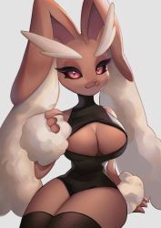 Rule 34 | 1girl, :3, absurdres, animal nose, bare shoulders, black leotard, black sclera, black thighhighs, body fur, breasts, brown fur, cleavage, cleavage cutout, closed mouth, clothed pokemon, clothing cutout, colored sclera, creatures (company), female focus, furry, furry female, game freak, gen 4 pokemon, grey background, half-closed eyes, hand up, happy, highres, large breasts, legs together, leotard, looking at viewer, lopunny, momikacha, nintendo, pokemon, pokemon (creature), rabbit ears, rabbit girl, red eyes, simple background, sitting, smile, solo, thighhighs, two-tone fur, white fur, wide hips