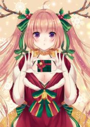 Rule 34 | 1girl, ahoge, antlers, bad id, bad pixiv id, bell, box, breasts, christmas, cleavage, gift, gift box, gloves, holding, holding gift, horns, kirisita, large breasts, long hair, looking at viewer, original, pink hair, purple eyes, santa costume, solo, twintails, white gloves