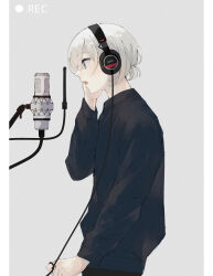 Rule 34 | 1boy, absurdres, bishounen, black sweater, blue eyes, border, commentary request, eyelashes, from side, grey background, hair between eyes, headphones, highres, jack jeanne, long sleeves, male focus, microphone, music, open mouth, pale skin, profile, recording, shirota mitsuki, short hair, short ponytail, singing, standing, studio microphone, succhii (pikaru), sweater, upper body, white border, white hair, wire