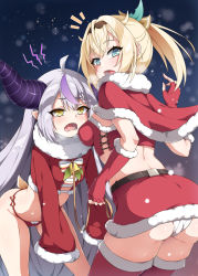 Rule 34 | 2girls, ahoge, ass, bell, blonde hair, breasts, christmas, commentary request, demon horns, female focus, gloves, green eyes, hanuma hanma, holding, holding leash, hololive, horns, kazama iroha, la+ darknesss, leash, long hair, looking at viewer, midriff, multicolored hair, multiple girls, open mouth, paid reward available, panties, purple hair, red gloves, red legwear, red panties, red skirt, santa costume, silver hair, skirt, streaked hair, striped horns, thighhighs, underwear, very long hair, virtual youtuber, white panties, yellow eyes