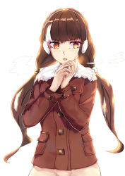 Rule 34 | 1girl, alternate hairstyle, artist name, black hair, blush, coat, commentary request, cowboy shot, earmuffs, fur-trimmed coat, fur trim, girls&#039; frontline, hair ornament, hands on own face, heterochromia, highres, long sleeves, looking away, mou zhi pingguo, multicolored hair, no pants, open mouth, orange eyes, own hands together, pov, red coat, ro635 (girls&#039; frontline), scrunchie, signature, simple background, solo, streaked hair, teeth, twintails, white background, white hair, yellow eyes
