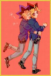 Rule 34 | 0109h, 2boys, black footwear, blonde hair, blush, border, bracelet, bright pupils, closed eyes, commentary request, dyed bangs, grey pants, highres, jacket, jewelry, korean commentary, looking back, male focus, multicolored hair, multiple boys, muto yugi, open mouth, pants, red eyes, shoes, sleeves rolled up, smile, spiked hair, yami yugi, yu-gi-oh!